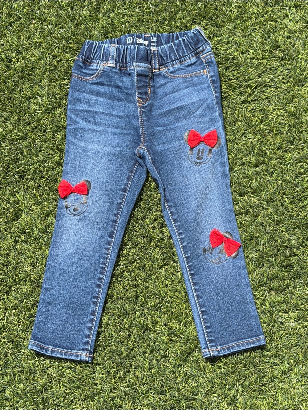 GAP Baby Disney Denim Leggings with Red Bow Accents - Blue
